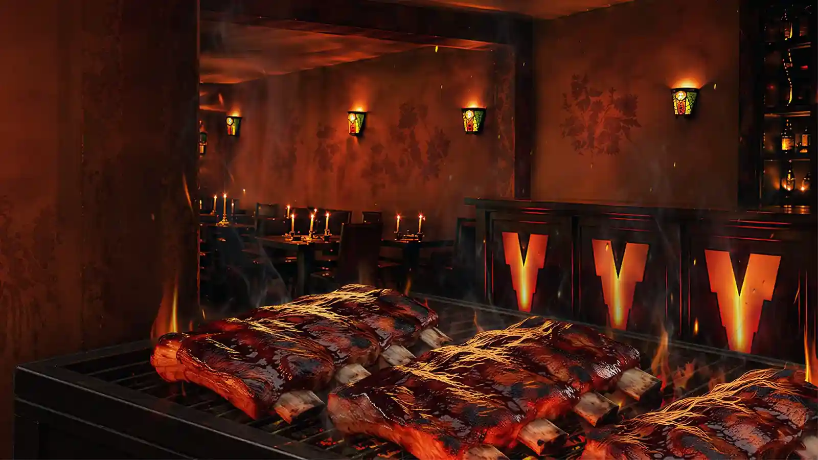 Gegrillte BBQ Spareribs im warmen PocoLoco Restaurant-Ambiente
